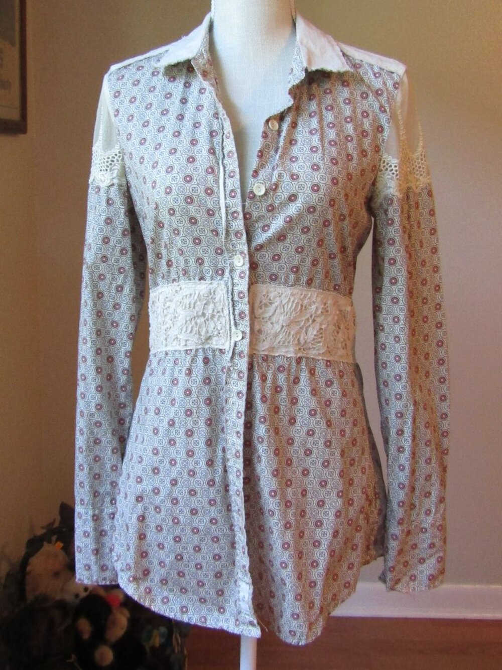 Vintage Free People Lace & Floral Long Sleeve Blouse